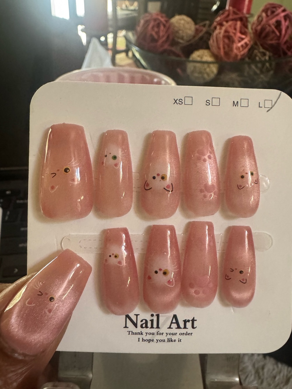 Pink Shimmery Press-On Nails with Cute Cat Art (Coffin Medium Length)